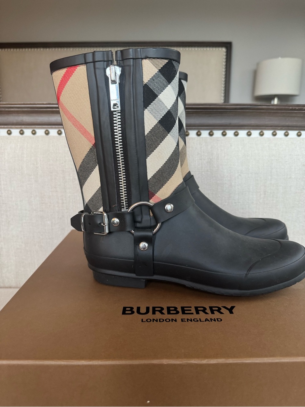 Burberry Black Rubber & Beige Nova Check Mid-Calf Rain Boots